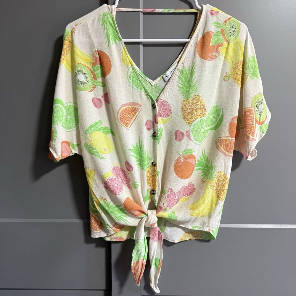 Warehouse Women Short Sleeve V-Neck Tie Front Novelty Fruit Blouse 10 (US M)